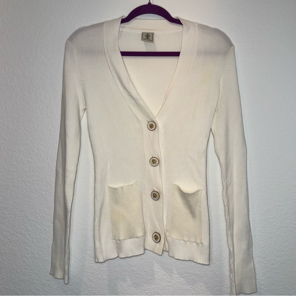 Virginia Taylor Ribbed Knit V-Neck Cardigan with Patch Pockets size Small